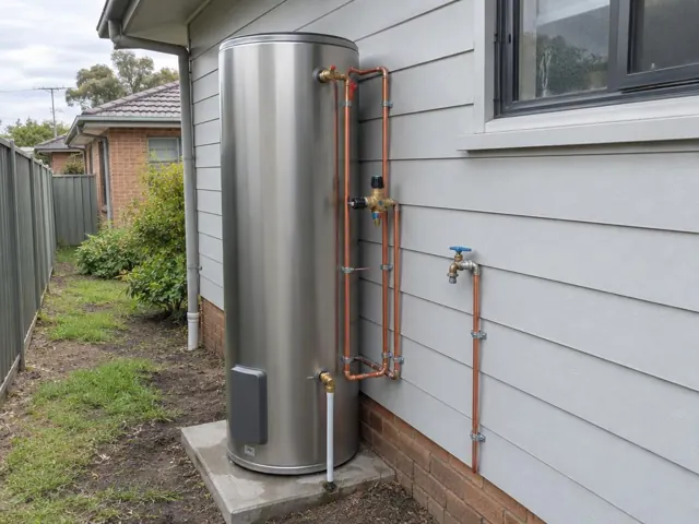 Outdoor hot water cylinder beside a weatherboard house wall with copper pipework and valves in Quakers Hill